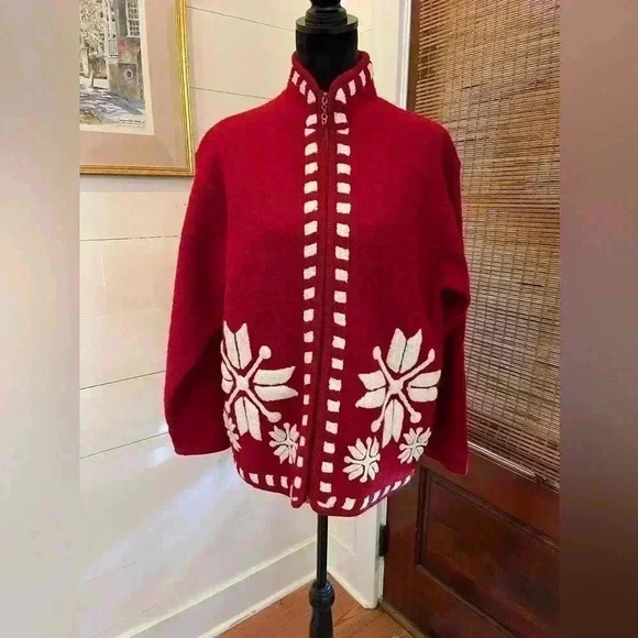 Laura Leigh Sweater Women XL Red 100% Boiled Wool Zip Snowflakes Jacket festive - Picture 1 of 6